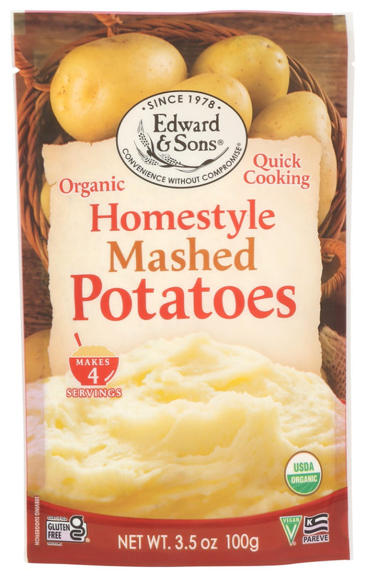 Bring home a box of Edward &amp; Sons Organic Mashed Potatoes as a delicious complement to your next meal. They are carefully crafted for quality and authentic flavor. They are vegan and gluten-free mashed potatoes. It is a home-style classic that is easy and quick to prepare. This item will complement many different dishes, whether you are preparing meatloaf, chicken or a pure vegan meal.