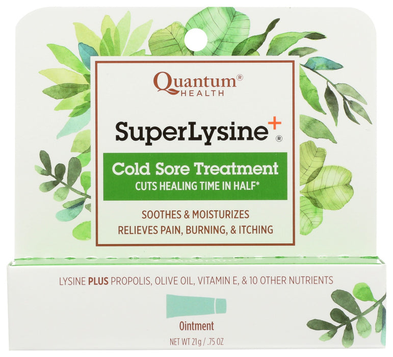 Super Lysine+ ointment &ndash; made with 14 nutrients including Lysine, Propolis, Olive Oil, Vitamin E and more!
Cuts cold sore time in half.
America's leading herb/nutrient based cold sore treatment, Super Lysine + brings fast relief from the pain, burning and itching while helping clear up your cold sore in half the time. Its soothing formula moisturizes as it works.