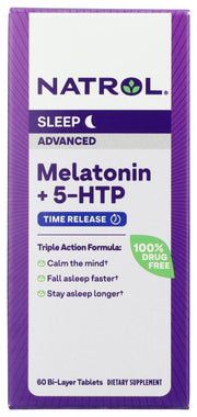Natrol Melatonin 5-HTP Advanced is a triple action formula to help calm the mind, fall asleep faster, stay asleep longer. It is a bi-layer controlled release tablet so ingredients are released in stages to more effectively help you relax, fall asleep and stay asleep.