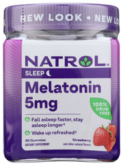 Natrol® Melatonin 5mg Gummies help you fall asleep faster, stay asleep longer, and wake up refreshed. This strawberry flavored and other natural flavors melatonin gummy supplement is made with clean ingredients: no artificial flavors, no artificial sweeteners, no artificial preservatives, no synthetic dyes, non-GMO, vegetarian, gelatin-free.