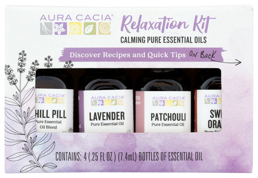 This kit helps you explore the power of Aura Cacia pure essential oils for relaxation. It includes 1 (.25 fl. oz.) bottle each of relaxing lavender, balancing patchouli and refreshing sweet orange essential oils and our calming Chill Pill blend, along with a learning guide with recipes, dilution information and quick-use tips.