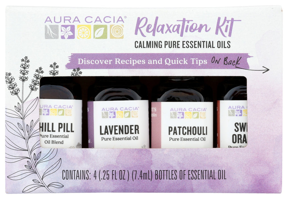 This kit helps you explore the power of Aura Cacia pure essential oils for relaxation. It includes 1 (.25 fl. oz.) bottle each of relaxing lavender, balancing patchouli and refreshing sweet orange essential oils and our calming Chill Pill blend, along with a learning guide with recipes, dilution information and quick-use tips.