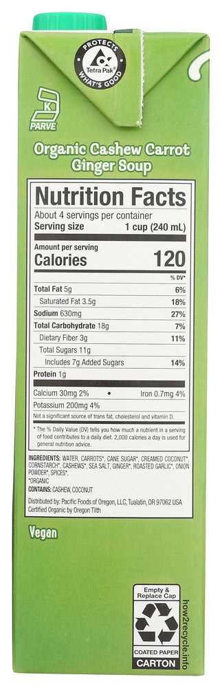 PACIFIC FOODS: Organic Cashew Carrot Ginger Soup, 32 oz
