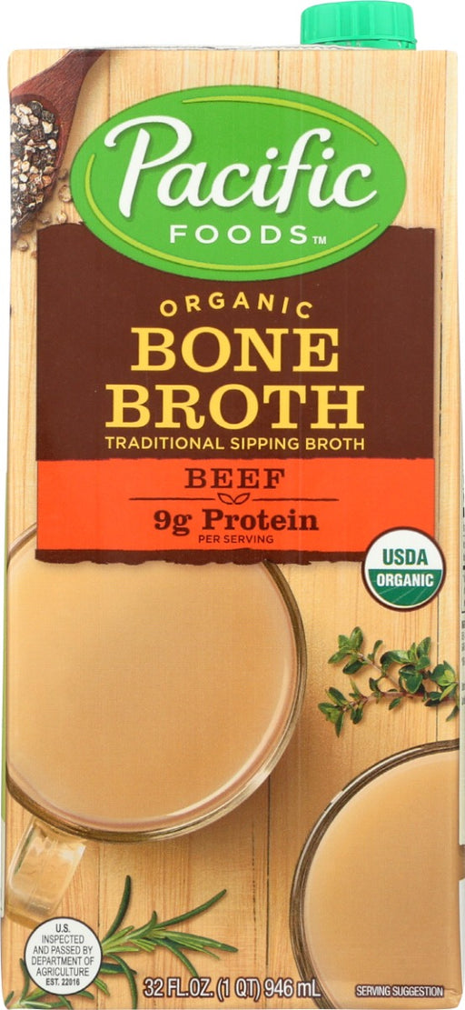 Pacific Foods Organic Beef Bone Broth can add flavor and depth to your favorite recipes, or be sipped by the cup. Our beef bone broth is thoughtfully crafted using organic beef bones and vegetables to create a savory bone broth full of naturally-occurring collagen. This bone broth is ready to drink-just pour, heat and enjoy! Gluten-free, soy-free, wheat-free and yeast-free. Convenient re-sealable 32 oz carton.