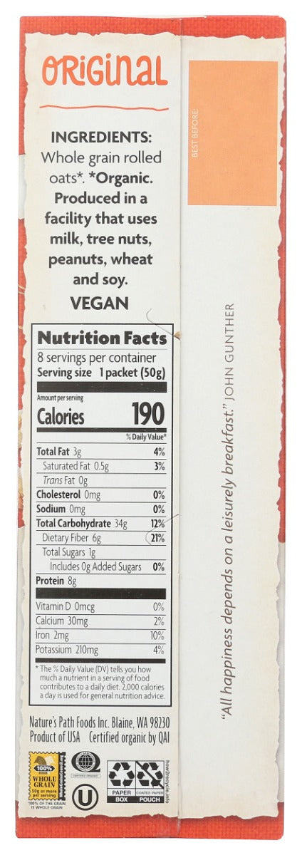 NATURE'S PATH: Organic Instant Hot Oatmeal Original 8 Packets, 14 oz
