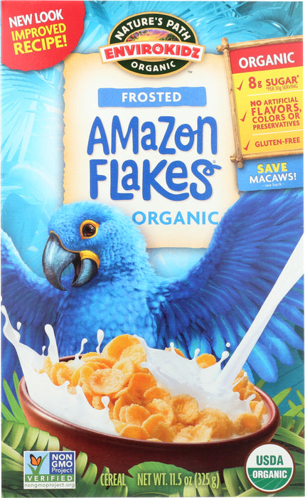 Amazon Frosted Flakes
Fat-free crispy flakes made of gluten-free corn meal. The box features the adorable kinkajou, commonly known as the honey bear.