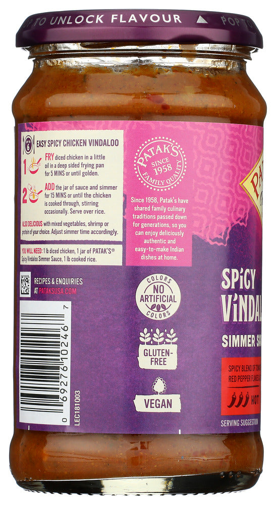 PATAKS: Vindaloo Spicy Curry Simmer Sauce, 15 oz