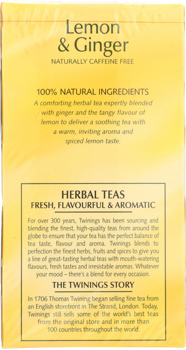 TWININGS OF LONDON: Herbal Lemon & Ginger Naturally Caffeine Free, 20 Tea Bags, 1.06 oz
