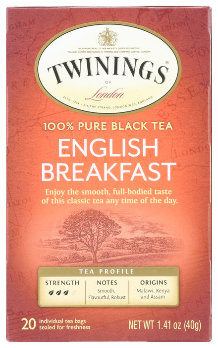 TWININGS OF LONDON: Classics English Breakfast Tea Medium Tea Strength 20 Tea Bags, 1.41 oz
