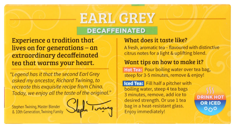 TWININGS OF LONDON: Classics Earl Grey Naturally Decaffeinated, 20 Tea Bags, 1.23 oz