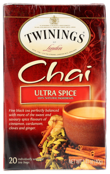 TWININGS OF LONDON: Tea Tea Chai Ultra Spice, 20 Tea Bags, 1.41 oz