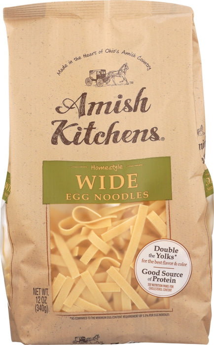 Amish Kitchens Wide Egg Noodles are made in the heart of Ohio Amish Country and come in various widths. The Wide Noodles are great as a side dish, entree, soup, or casserole. Available in 12 oz. package.