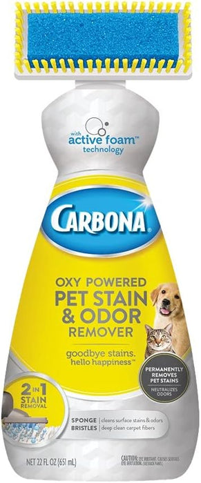 Conquer pet stains and the VERY unlovely odor that they give off. Our oxy-powered formula and built-in brush applicator gets right in to get pet stains and odors right out. It'll save your carpet...and your day.