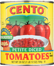 Cento Petite Diced Tomatoes are California vine-ripened tomatoes uniformly chopped and packed in a puree with basil for added flavor. Petite diced tomatoes are perfect for long simmered dishes where you want distinct tomato pieces because they retain their shape when cooked. Guaranteed fresh and premium quality, these tomatoes are perfect for chili, bruschetta, pasta salad and salsa recipes.