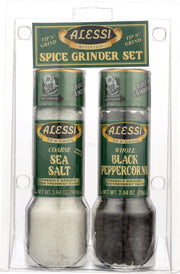 Alessi Grinders are packed in our unique, easy-to-use, Tip n' Grind glass bottles. They are cleverly designed with a grinder built in. Simply invert bottle and twist the cap in the direction of the arrow. Freshly ground spices retain more of the precious oils lost in pre-ground forms. Enjoy and savor the robust flavor of top quality, sun dried, freshly ground black peppercorns &amp; sea salt. Its uses are limitless.