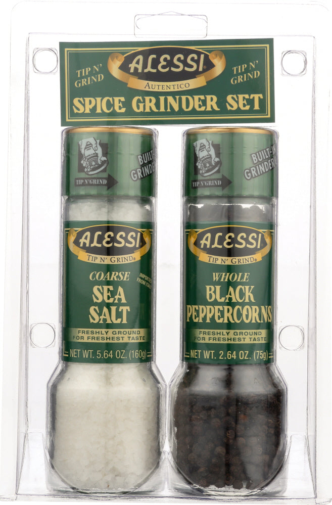 Alessi Grinders are packed in our unique, easy-to-use, Tip n' Grind glass bottles. They are cleverly designed with a grinder built in. Simply invert bottle and twist the cap in the direction of the arrow. Freshly ground spices retain more of the precious oils lost in pre-ground forms. Enjoy and savor the robust flavor of top quality, sun dried, freshly ground black peppercorns &amp; sea salt. Its uses are limitless.