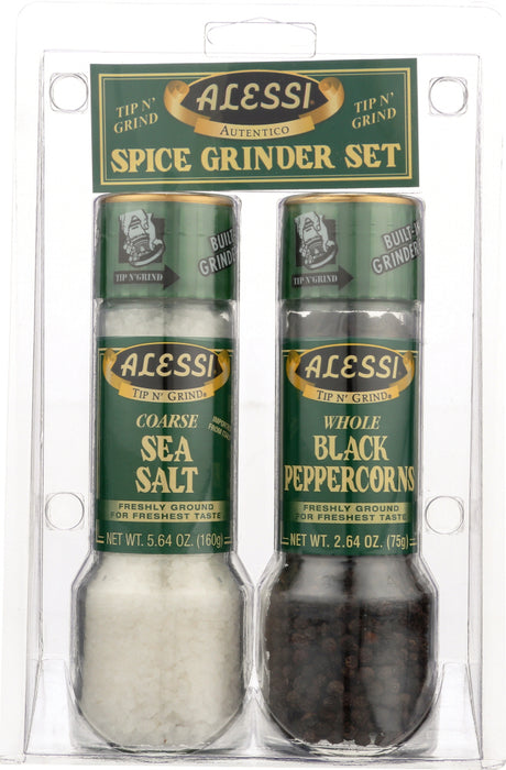 Alessi Grinders are packed in our unique, easy-to-use, Tip n' Grind glass bottles. They are cleverly designed with a grinder built in. Simply invert bottle and twist the cap in the direction of the arrow. Freshly ground spices retain more of the precious oils lost in pre-ground forms. Enjoy and savor the robust flavor of top quality, sun dried, freshly ground black peppercorns &amp; sea salt. Its uses are limitless.