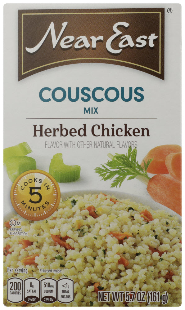 Near East Herbed Chicken Couscous is Kosher Certified. Flavorful and enticing, this dish combines 100% semolina wheat couscous with the natural savory flavor of chicken and adds in carrots, onions, parsley, garlic, spices and celery.