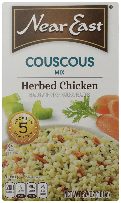 Near East Herbed Chicken Couscous is Kosher Certified. Flavorful and enticing, this dish combines 100% semolina wheat couscous with the natural savory flavor of chicken and adds in carrots, onions, parsley, garlic, spices and celery.