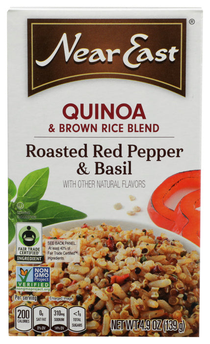 This quick and easy to use dish combines a blend of quinoa and brown rice with red bell peppers and basil. It has 8 grams of protein, is a good source of fiber (contains 3 grams of fat per serving as prepared) and has 34 grams of whole grain per 1 cup serving (see nutrition information for sodium content).Near East&reg; Quinoa Blend Roasted Red Pepper &amp; Basil is Kosher Certified *OU*.