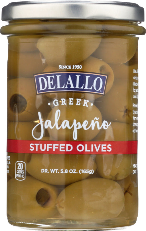 Green Greek Halkidiki Olives stuffed with spicy jalapeno pepper. DeLallo Stuffed Olives are ready to star in antipasto platters alongside other classic entertaining items such as meats, cheeses, peppers and more. Plop them into martinis or serve them as garnishes for sandwiches and salads. Try them breaded and fried for a tasty new appetizer idea.