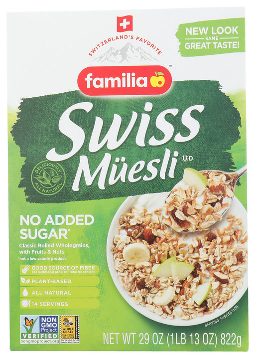 Familia Swiss M&uuml;esli &ldquo;no added sugar&rdquo; and &ldquo;original&rdquo; are a wonderful start into your day. They are ALL Natural and a good source of fiber - Swiss wholesomeness from the picturesque village of Sachseln, by the lake...surrounded by the Alps.. try it for yourself!