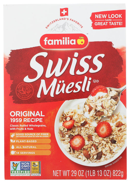 Familia Swiss M&uuml;esli &ldquo;no added sugar&rdquo; and &ldquo;original&rdquo; are a wonderful start into your day. They are ALL Natural and a good source of fiber - Swiss wholesomeness from the picturesque village of Sachseln, by the lake...surrounded by the Alps.. try it for yourself!
