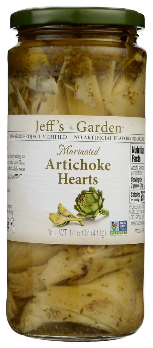 Add classic, Mediterranean flavor to your cuisine and skip the lengthy preparation with Jeff's Naturals Marinated Artichoke Hearts. Hand picked and marinated with a perfectly seasoned family recipe, these deeply flavorful artichokes are easily added to salads, pasta, pizza, dips and antipasto platters, or enjoyed straight from the jar.