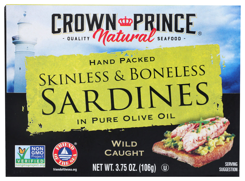CROWN PRINCE: Skinless & Boneless Sardines in Olive Oil, 3.75 oz