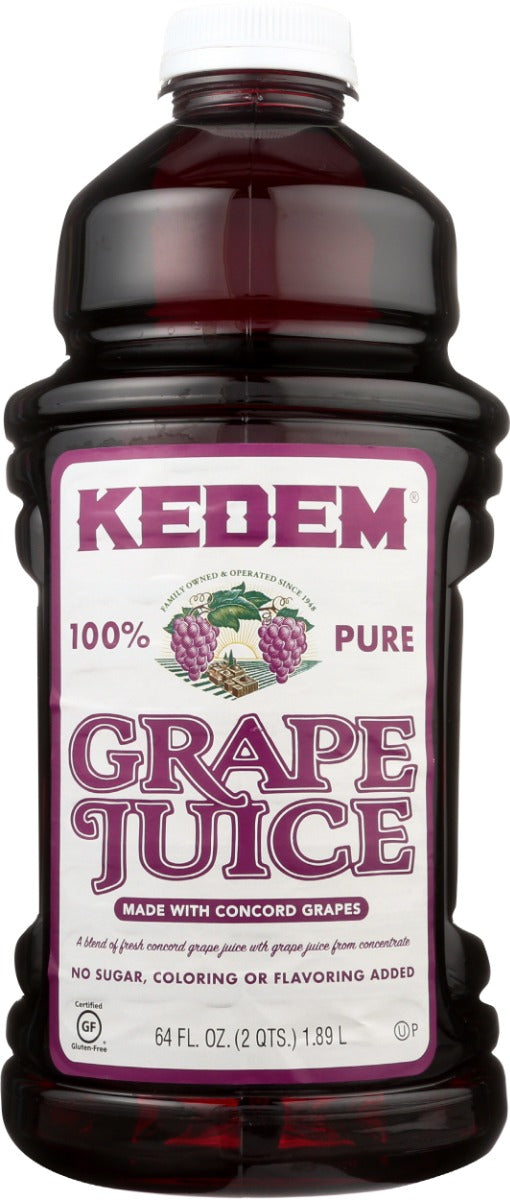 KEDEM GRAPE JUICE IS PRODUCED WITH THE FINEST CONCORD GRAPES.
100% GRAPE JUICE - PRODUCT OF THE U.S.A.
NO SUGAR ADDED, NO ARTIFICIAL COLORS OR FLAVORS