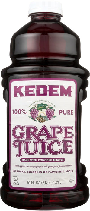 KEDEM GRAPE JUICE IS PRODUCED WITH THE FINEST CONCORD GRAPES.
100% GRAPE JUICE - PRODUCT OF THE U.S.A.
NO SUGAR ADDED, NO ARTIFICIAL COLORS OR FLAVORS