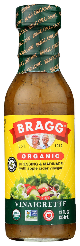 Description
This vinaigrette dressing makes a salad special with its tasty, tangy flavor. A zesty blend of our Bragg Organic Apple Cider Vinegar, Bragg Organic Extra Virgin Olive Oil, purified water, organic honey, organic garlic, Bragg Liquid Aminos, organic onion, and organic black pepper. Gluten Free.
Certified Made with Organic by Organic Assurance International in accordance with the USDA organic standards.
NON-GMO