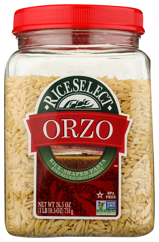 RiceSelect Original Orzo is made with 100% enriched durum semolina wheat. Convenient and versatile, it is the perfect pantry staple for delicious and satisfying meals that can be made at a moment's notice. Star-K Kosher Certified.