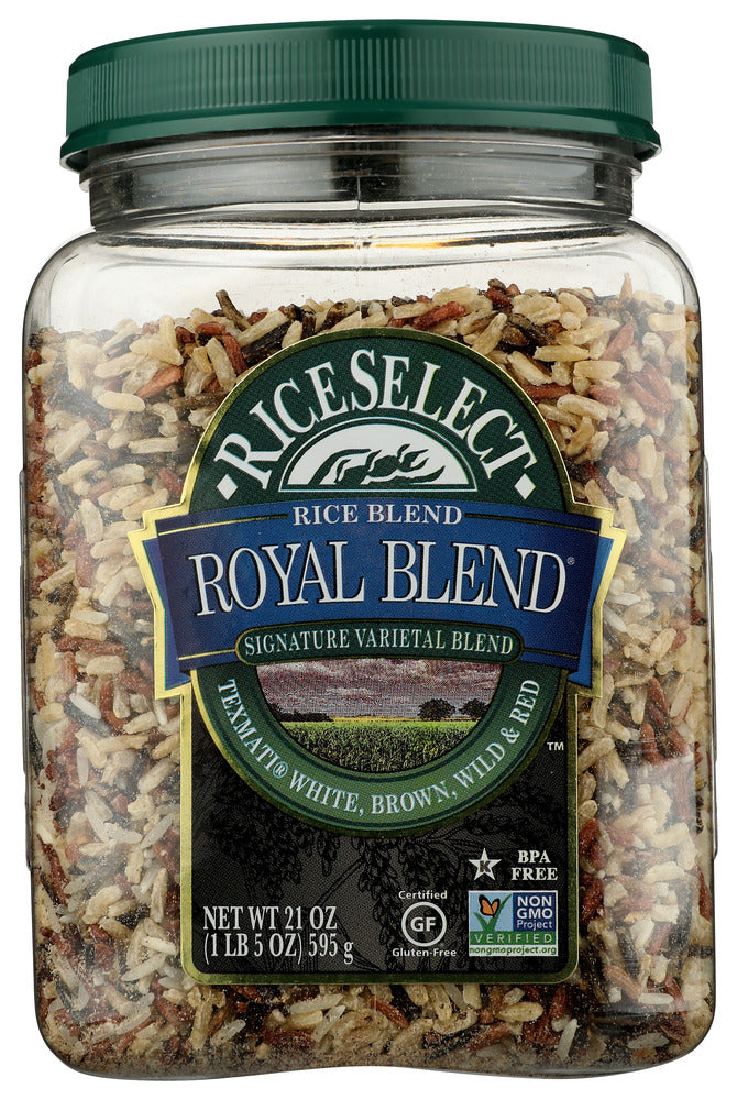 Description
Our original Royal Blend&reg; is an all-natural blend of four rices: Texmati&reg; White, pre-cooked brown, wild and Thai red rice. An enticing mixture of colors, textures and tastes, it has no added flavors or sodium and cooks in just 15 minutes. Great as a base for stuffing or salads, or served with beef or wild game. Star-K Kosher Certified.