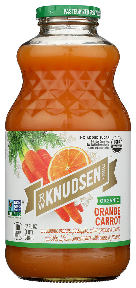 An Organic Orange, Pineapple, White Grape and Carrot Juice Blend from Concentrates with Other Ingredients.