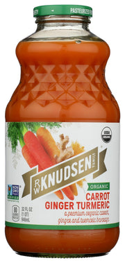 An organic carrot, ginger and turmeric beverage.
