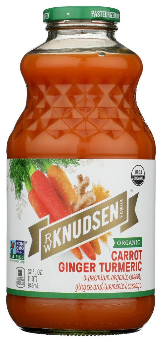 An organic carrot, ginger and turmeric beverage.