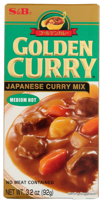 A block of Golden Curry Mix consisting of curry powder, flour, spices and seasoning could quickly transform mundane stew into fine curry simply by adding them to the mixture. Well-balanced mellowness and spiciness for most people. S&amp;B Golden Curry Mix contains no meat or meat derived ingredients.Enjoy with rice, bread, noodles, and buns, etc. Using it as a sauce for potatoes or meat dishes, or as a dipping sauce for steamed vegetables is another way to enjoy.