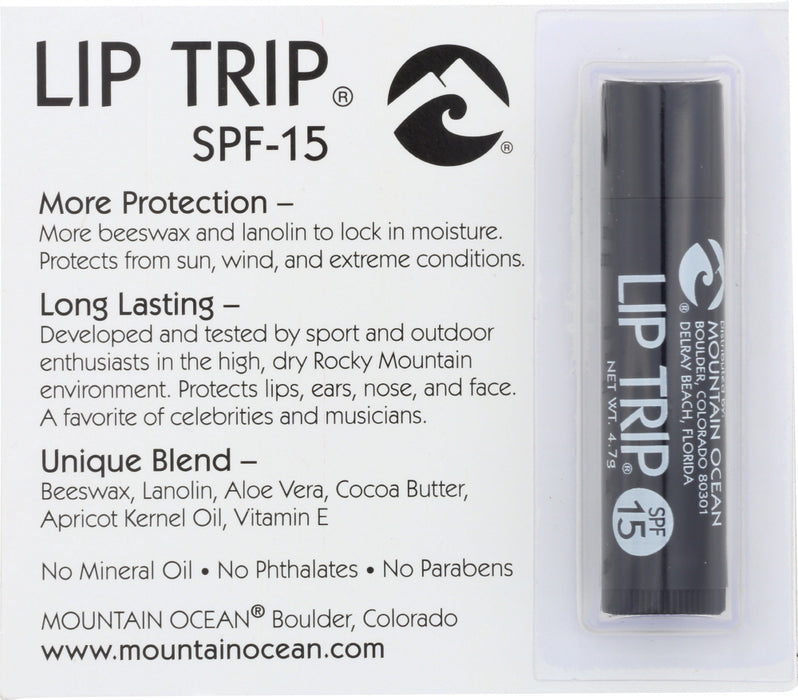 Lip Trip uses PABA-Free sunscreen SPF-15 as well as aloe vera, lanolin, cocoa butter, allantoin, and vitamin E to maintain proper moisture balance. Lip Trip is flavored with natural vanilla and peppermint oil. A favorite among celebrities and athletes for long-lasting moisturizing protection.