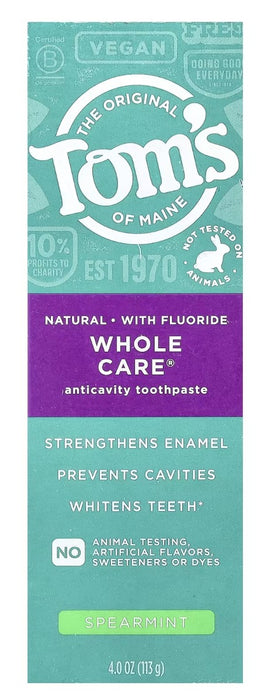 TOMS OF MAINE: Whole Care Spearmint Anticavity Toothpaste, 4 oz
