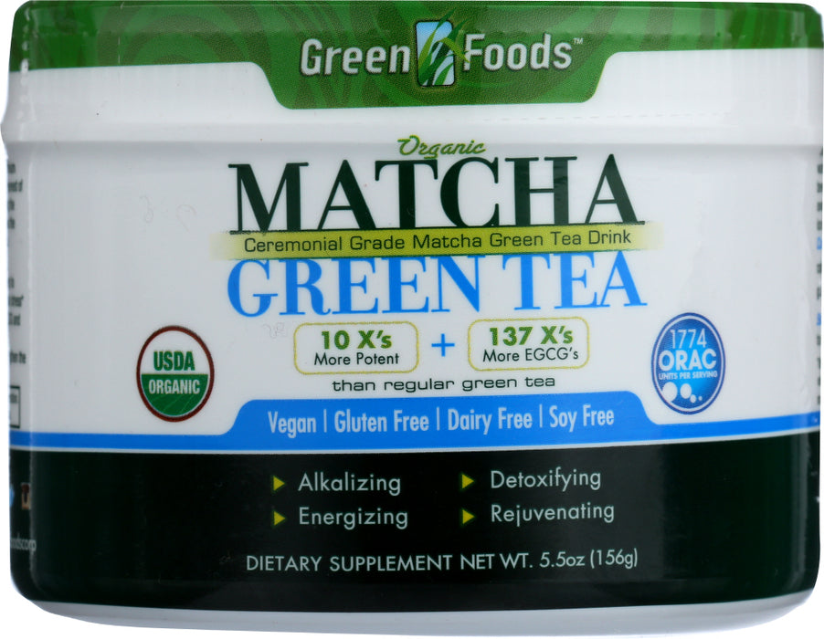 CEREMONIAL GRADE MATCHA GREEN TEA DRINK
Organically grown and hand-picked in its native Japan, our premium Matcha leaves are specially cultivated for consistency in the greenest of color, softness in texture, mild flavor and sweet aroma.

Matcha Green Tea is available in 5.5oz (31 servings) and 11oz (62 servings)
