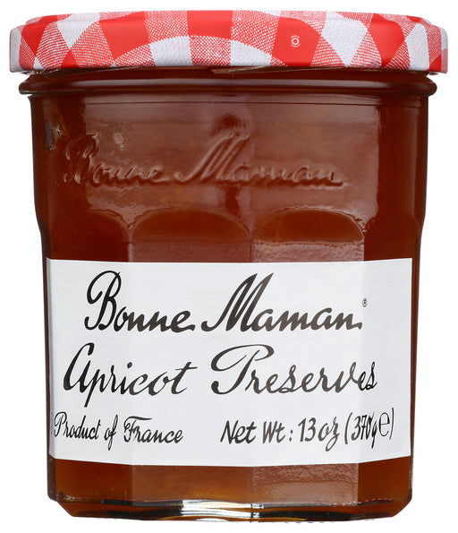 Bonne Maman Apricot Preserves glow with the orange-yellow luster of fresh, ripe apricots. Each jar of these 100% natural preserves is filled with pieces of apricot, which add sparks of acidic brightness and refreshing flavor. Deeply succulent, Bonne Maman Apricot Preserves is stimulating on toast and pastries and ideal for enhancing entrees