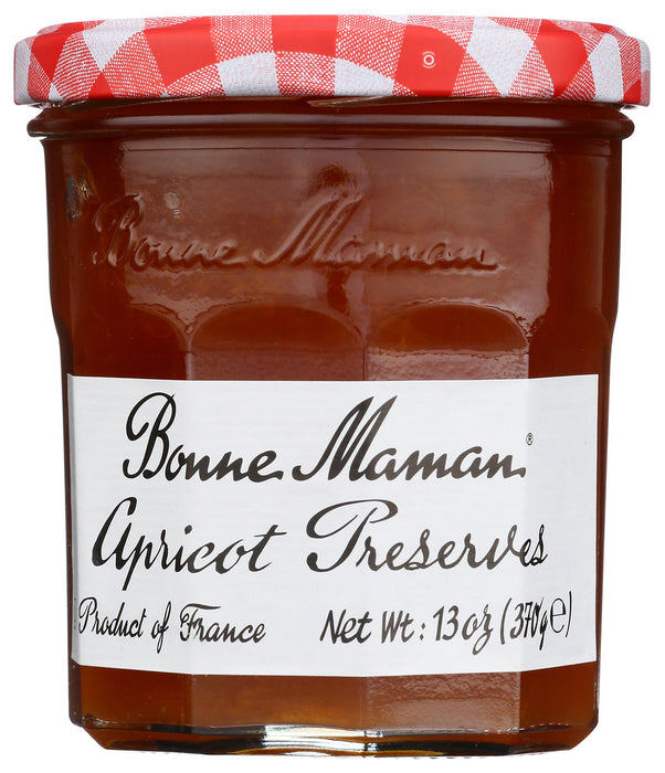 Bonne Maman Apricot Preserves glow with the orange-yellow luster of fresh, ripe apricots. Each jar of these 100% natural preserves is filled with pieces of apricot, which add sparks of acidic brightness and refreshing flavor. Deeply succulent, Bonne Maman Apricot Preserves is stimulating on toast and pastries and ideal for enhancing entrees