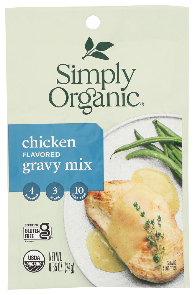 With its aromatic aroma and delectable taste, gravy made with Simply Organic Chicken Flavored Gravy Mix makes the perfect accompaniment to meat, biscuits or veggies. It features robust and aromatic spices such as sage, black pepper and onion and is thickened with organic cornstarch for a creamy and smooth consistency.