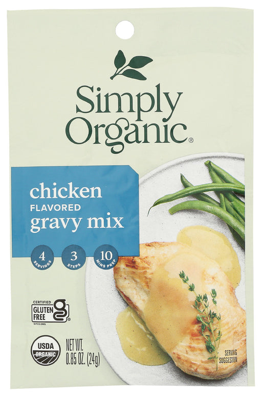 With its aromatic aroma and delectable taste, gravy made with Simply Organic Chicken Flavored Gravy Mix makes the perfect accompaniment to meat, biscuits or veggies. It features robust and aromatic spices such as sage, black pepper and onion and is thickened with organic cornstarch for a creamy and smooth consistency.