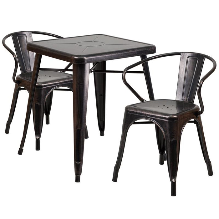 23.75'' Square Black-Antique Gold Metal In-Outdoor Table Set with 2 Arm Chairs