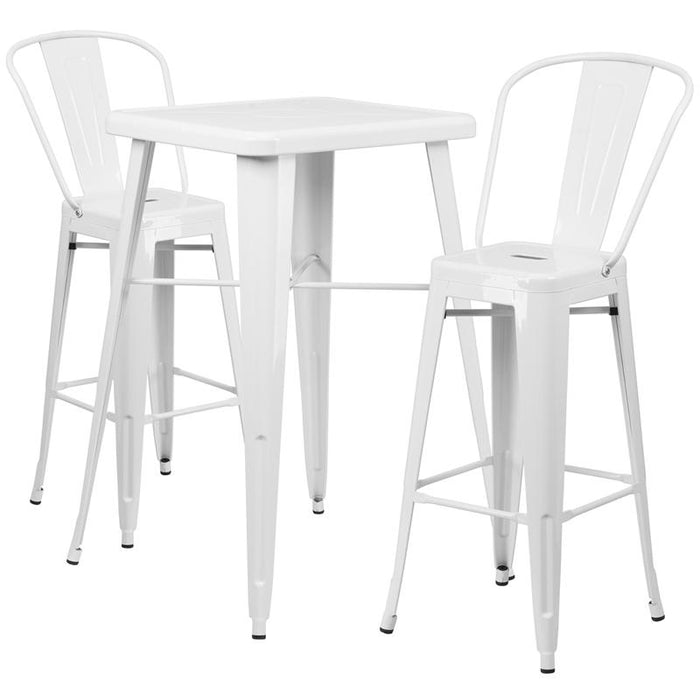 23.75" Square White Metal Indoor-Outdoor Bar Table Set with 2 Stools with Backs