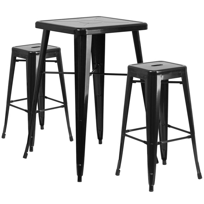 23.75" Square Black Metal In-Outdoor Bar Table Set-2 Square Seat Stools