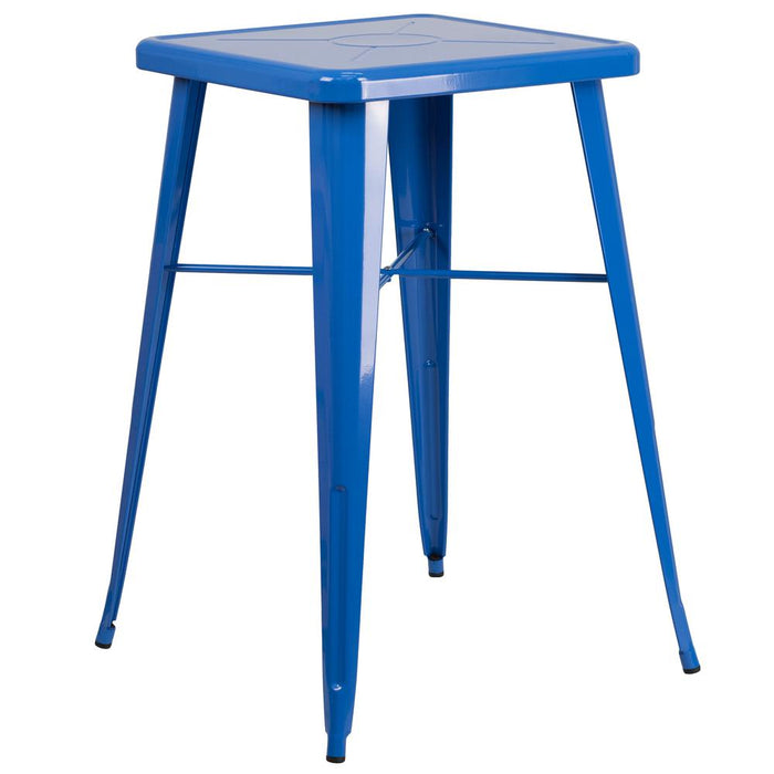 23.75'' Square Blue Metal Indoor-Outdoor Bar Table Set with 2 Square Seat Backless Stools
