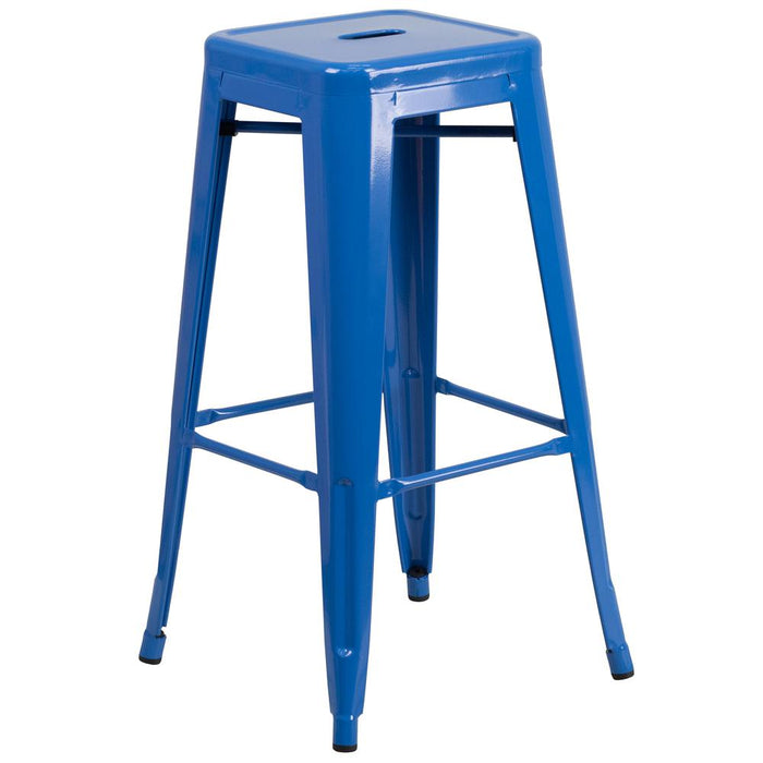 23.75'' Square Blue Metal Indoor-Outdoor Bar Table Set with 2 Square Seat Backless Stools